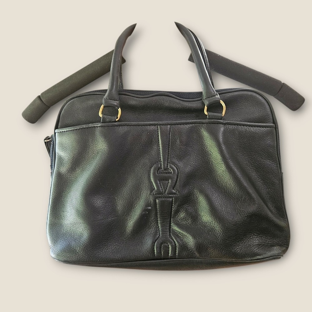 Etienne Aigner Navy Leather Satchel Handbag Gold Hardware Embossed Logo Vintage